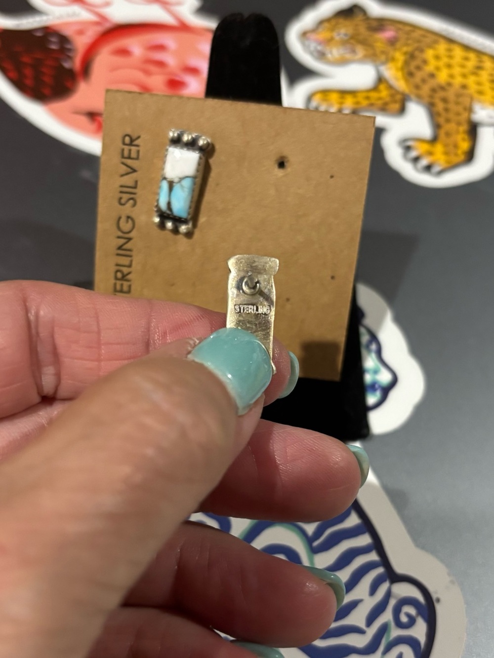NWT Sterling Silver Turquoise Cotton Candy Rectangular Stud Earrings - Picture 2 of 4